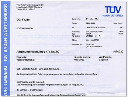 Сертификат TUV на авто